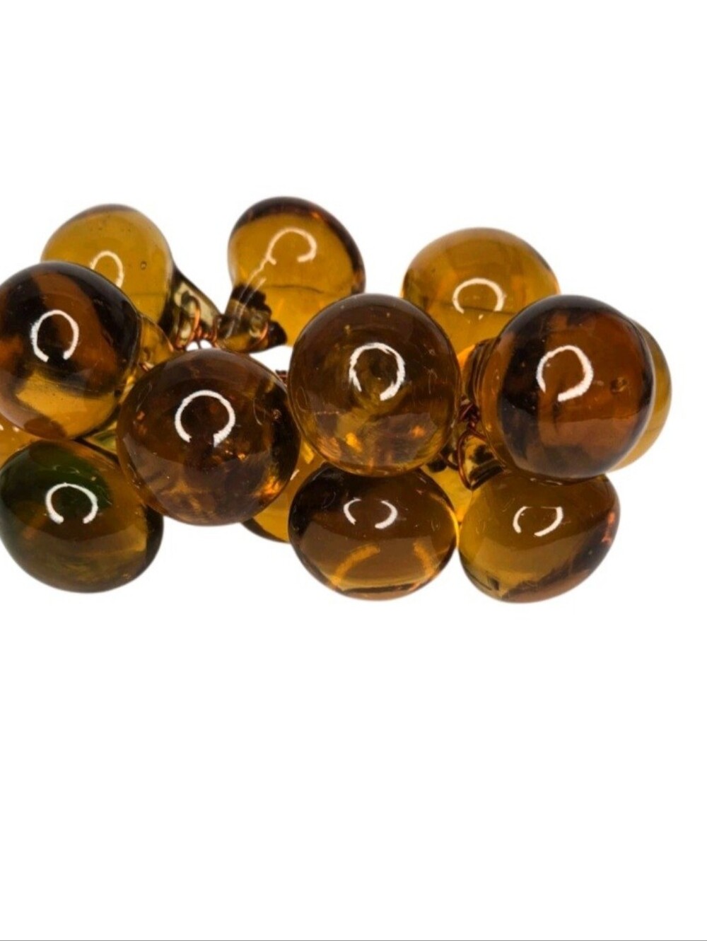 Vintage Amber Gold Brown Wire Glass Grape Cluster & Green Glass Leaves - Picture 6 of 8